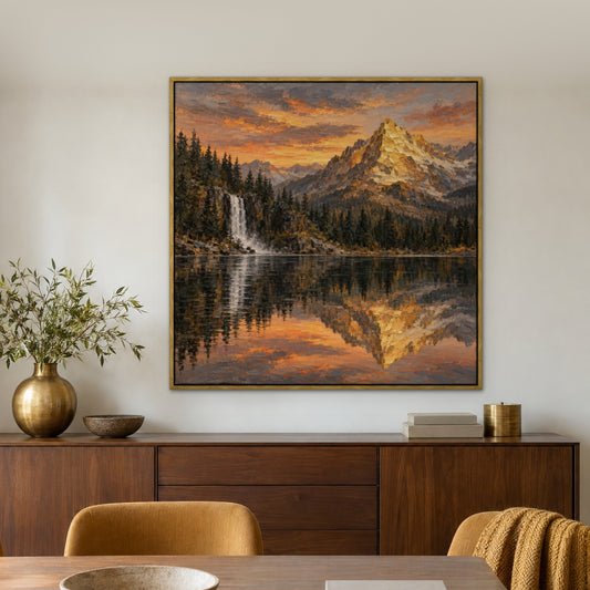 Golden Mountain Mirror, orange mountain landscape hand-painted canvas wall art in a dining room – Gallery 23