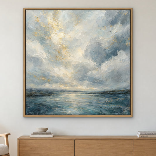 Cloud River, blue abstract hand-painted canvas wall art in a living room – Gallery 23