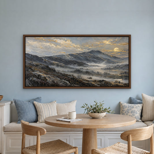 Moonrise over the Fells, gold mountain landscape hand-painted canvas wall art in a kitchen nook – Gallery 23