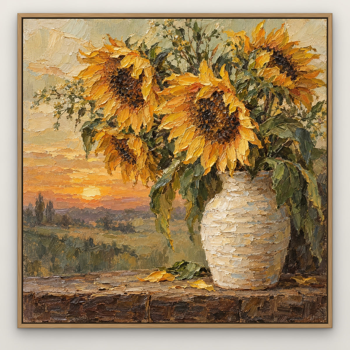Sunflower Vase, colourful floral hand-painted canvas wall art in a slim oak float frame – Gallery 23