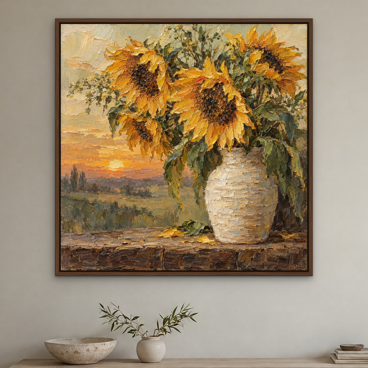Sunflower Vase, colourful floral hand-painted canvas wall art in a hallway – Gallery 23