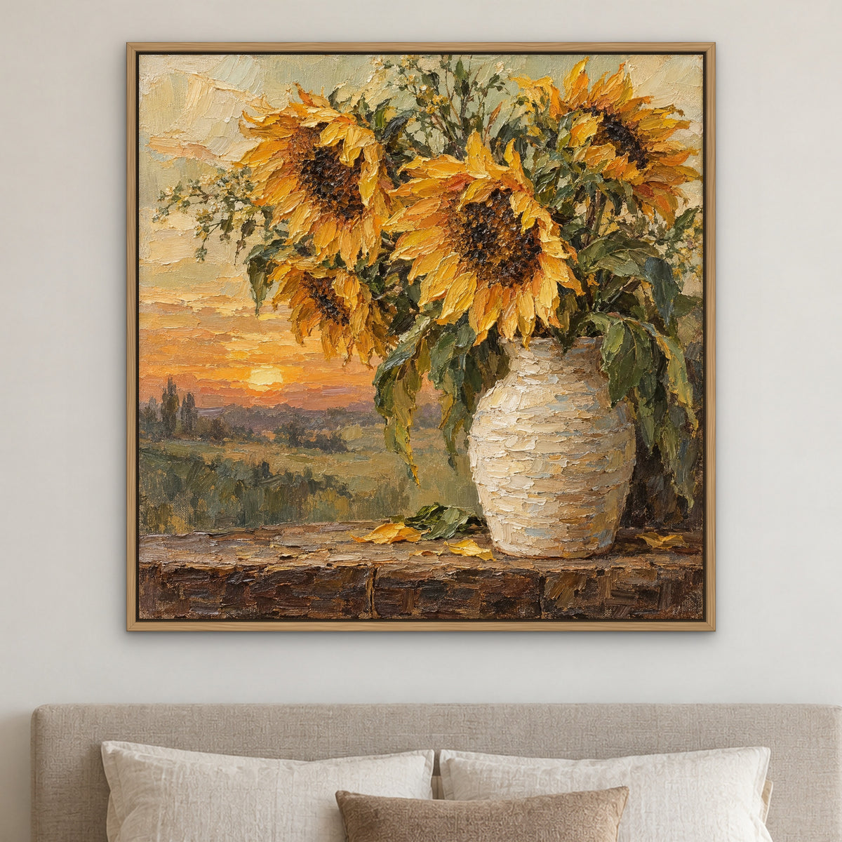 Sunflower Vase, colourful floral hand-painted canvas wall art in a bedroom – Gallery 23