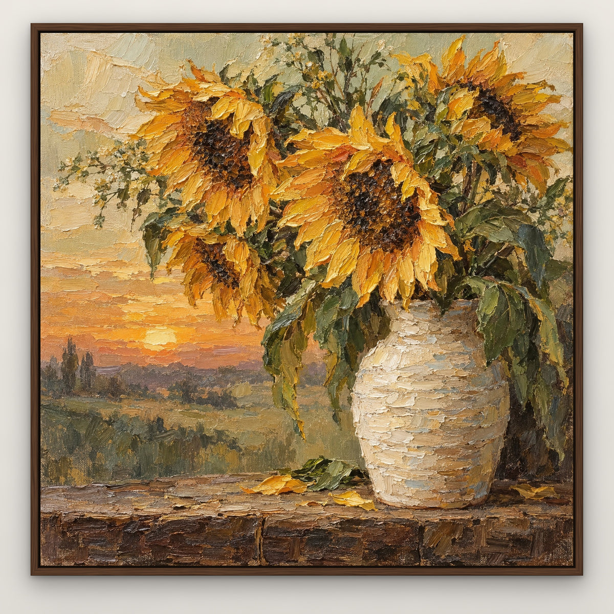 Sunflower Vase, colourful floral hand-painted canvas wall art in a slim walnut float frame – Gallery 23