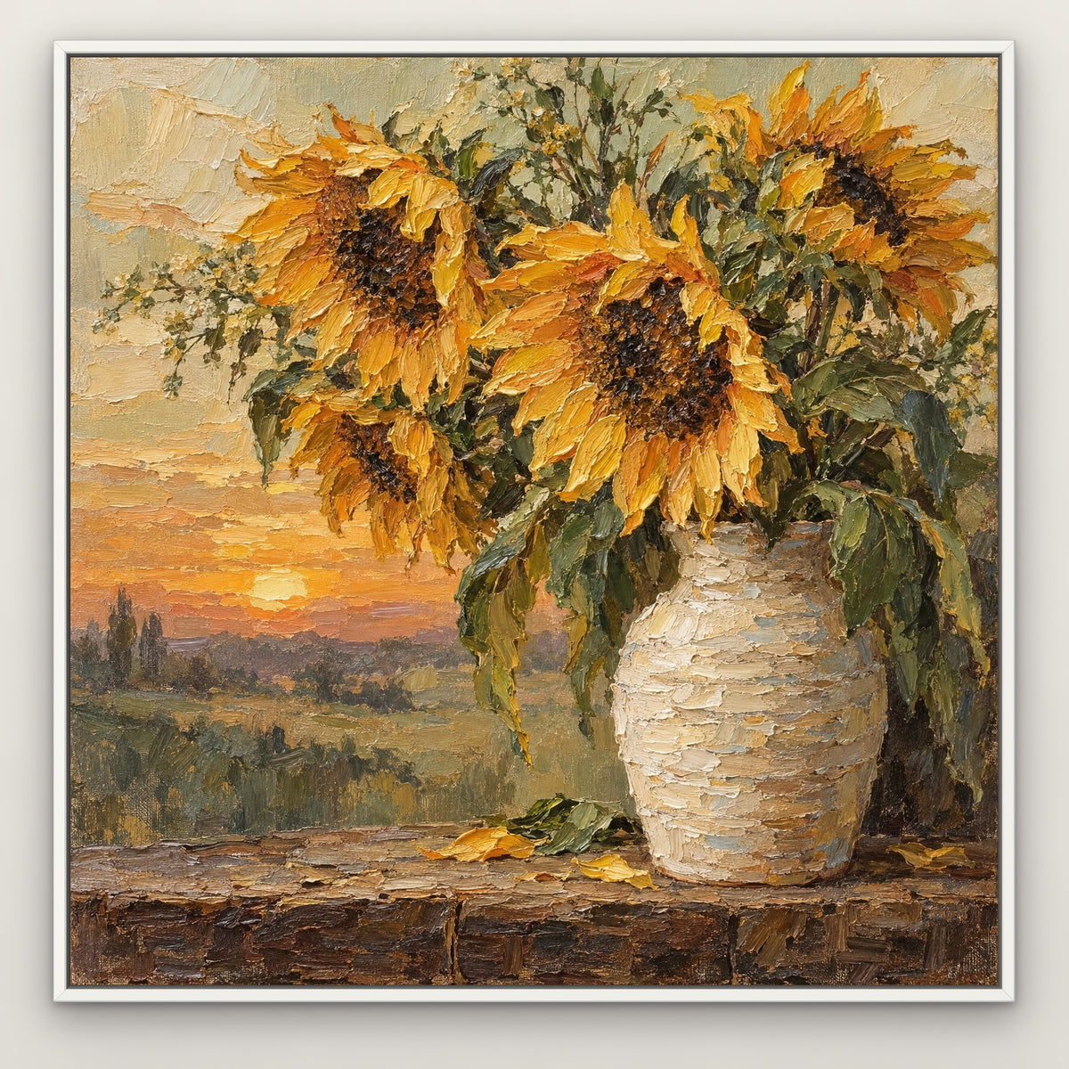 Sunflower Vase, colourful floral hand-painted canvas wall art in a slim white float frame – Gallery 23