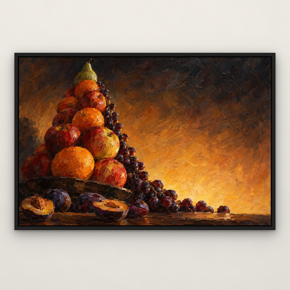 Fruit Pyramid, orange still life hand-painted canvas wall art in a slim black float frame – Gallery 23