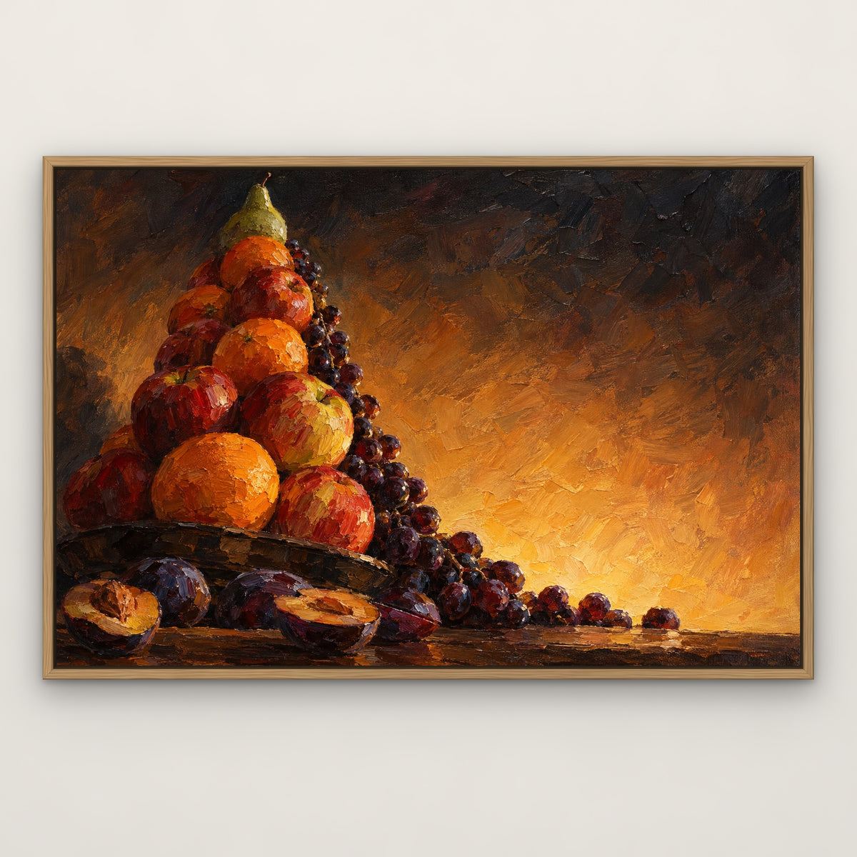 Fruit Pyramid, orange still life hand-painted canvas wall art in a slim oak float frame – Gallery 23