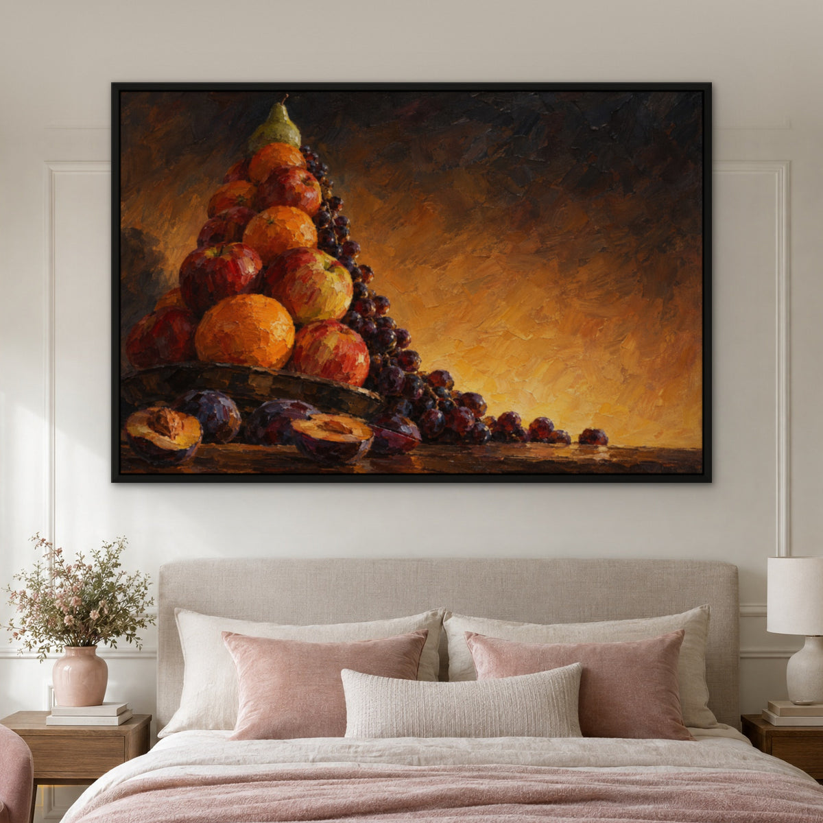 Fruit Pyramid, orange still life hand-painted canvas wall art in a bedroom – Gallery 23