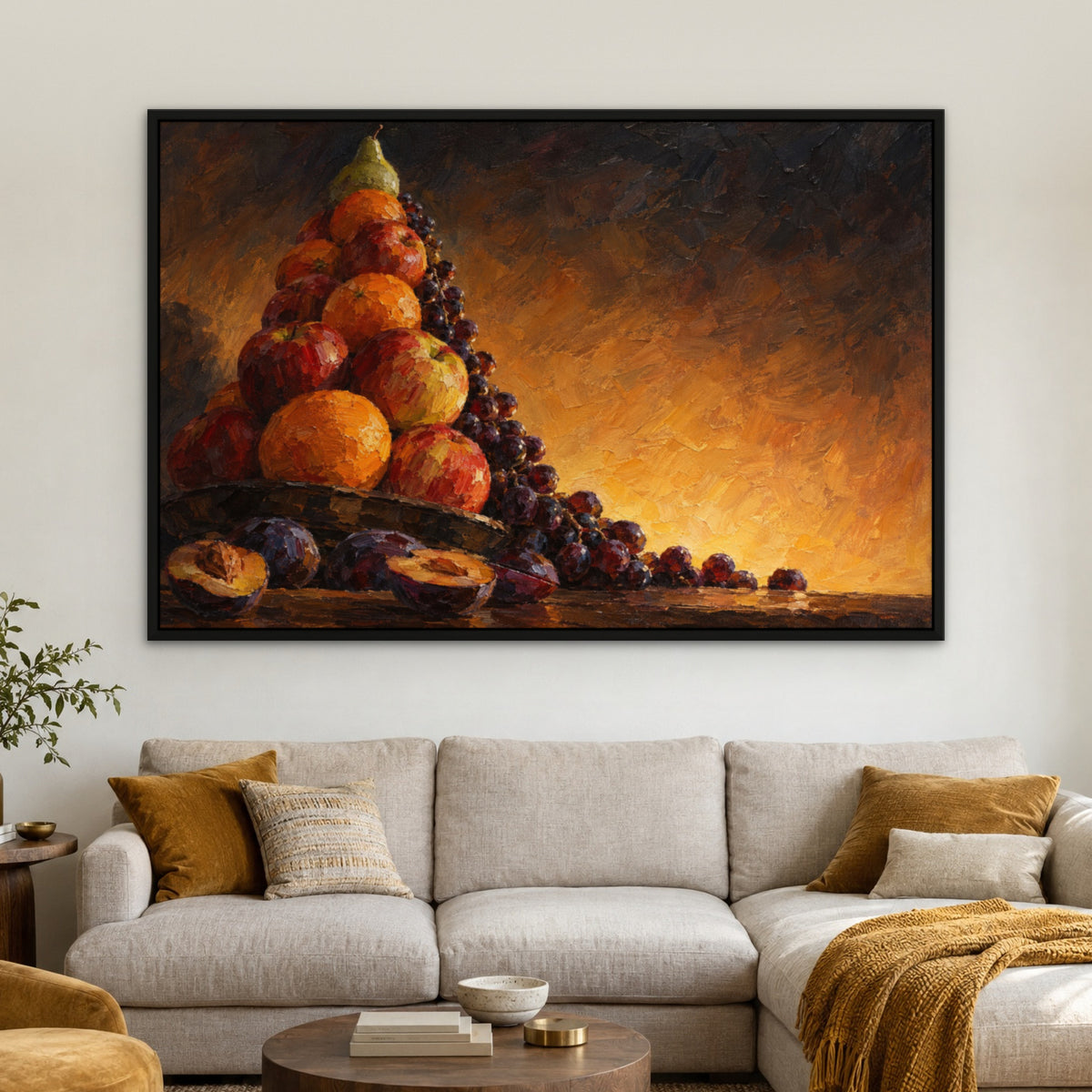 Fruit Pyramid, orange still life hand-painted canvas wall art in a living room – Gallery 23