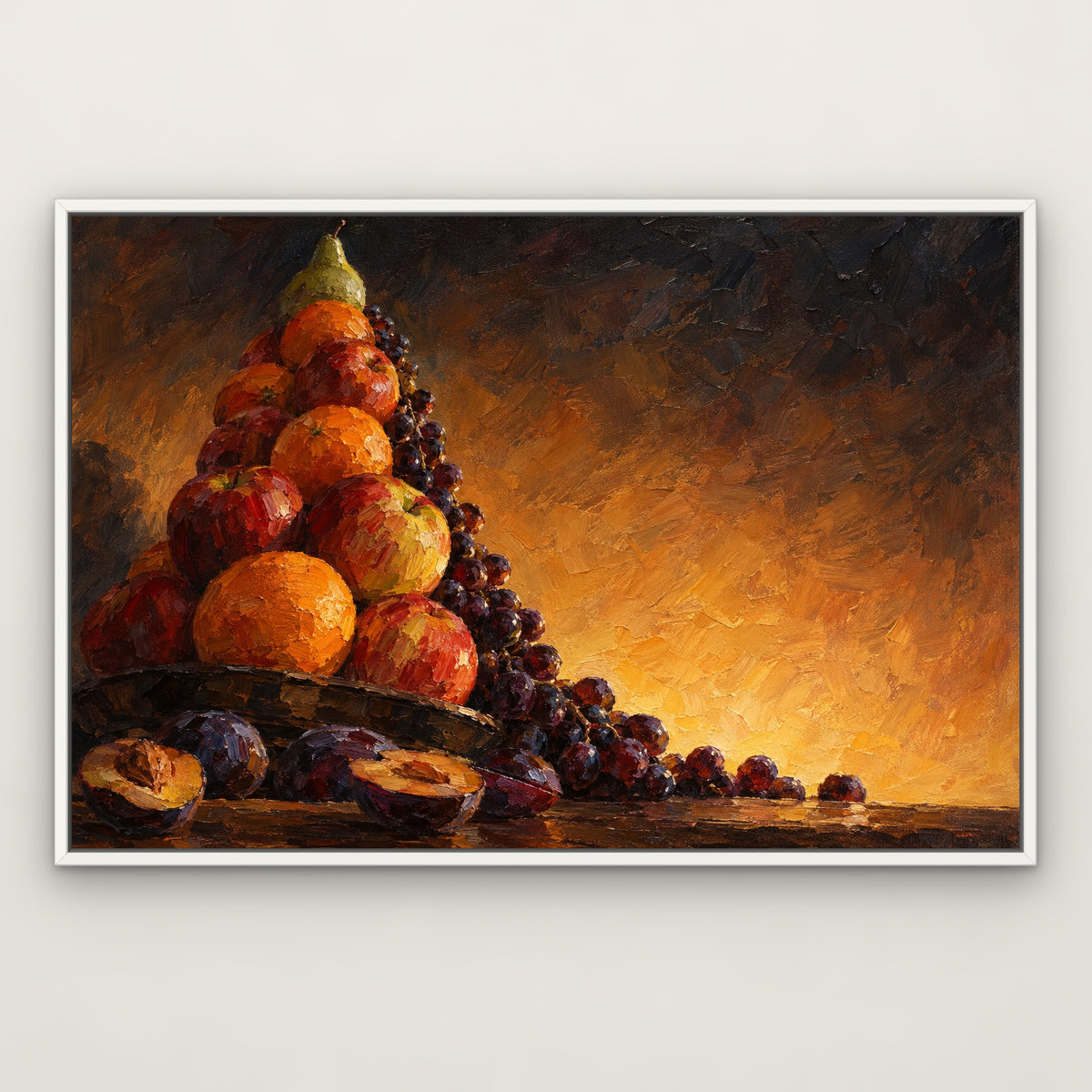 Fruit Pyramid, orange still life hand-painted canvas wall art in a slim white float frame – Gallery 23