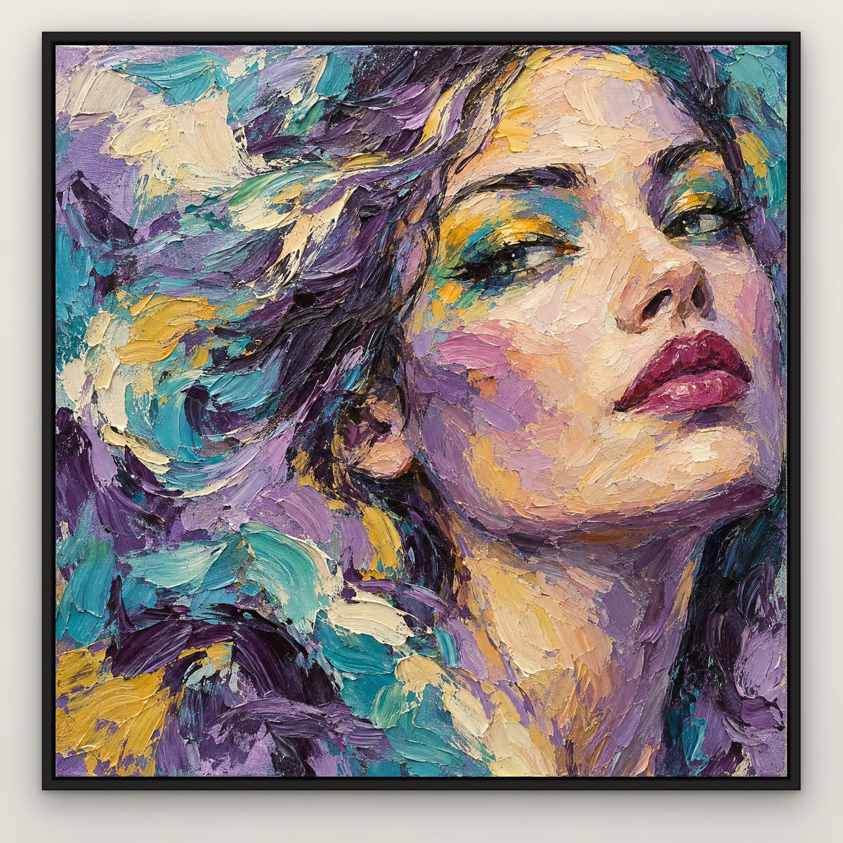 Violet Pop Portrait, colourful abstract hand-painted canvas wall art in a black frame – Gallery 23