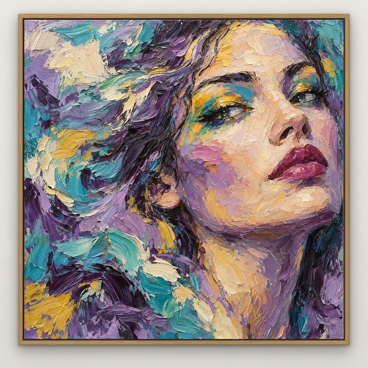 Violet Pop Portrait, colourful abstract hand-painted canvas wall art in an oak frame – Gallery 23