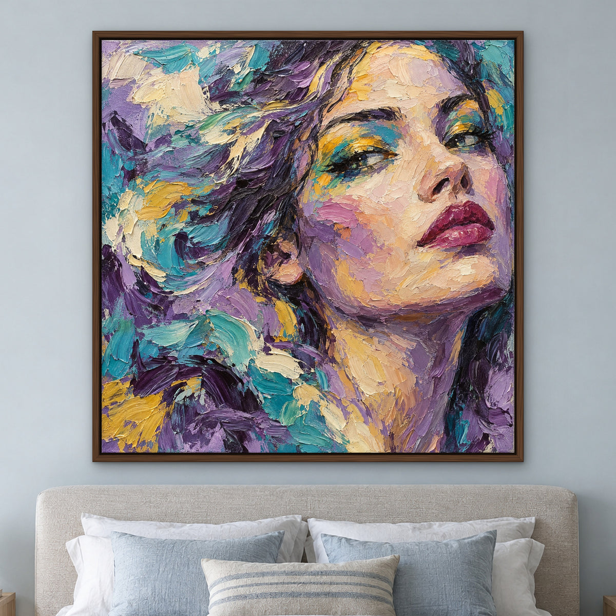 Violet Pop Portrait, colourful abstract hand-painted canvas wall art in a styled room – bedroom
