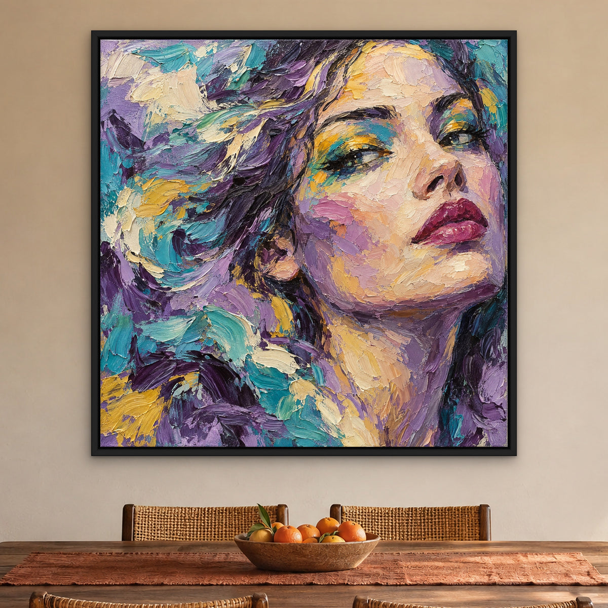 Violet Pop Portrait, colourful abstract hand-painted canvas wall art in a dining room – Gallery 23