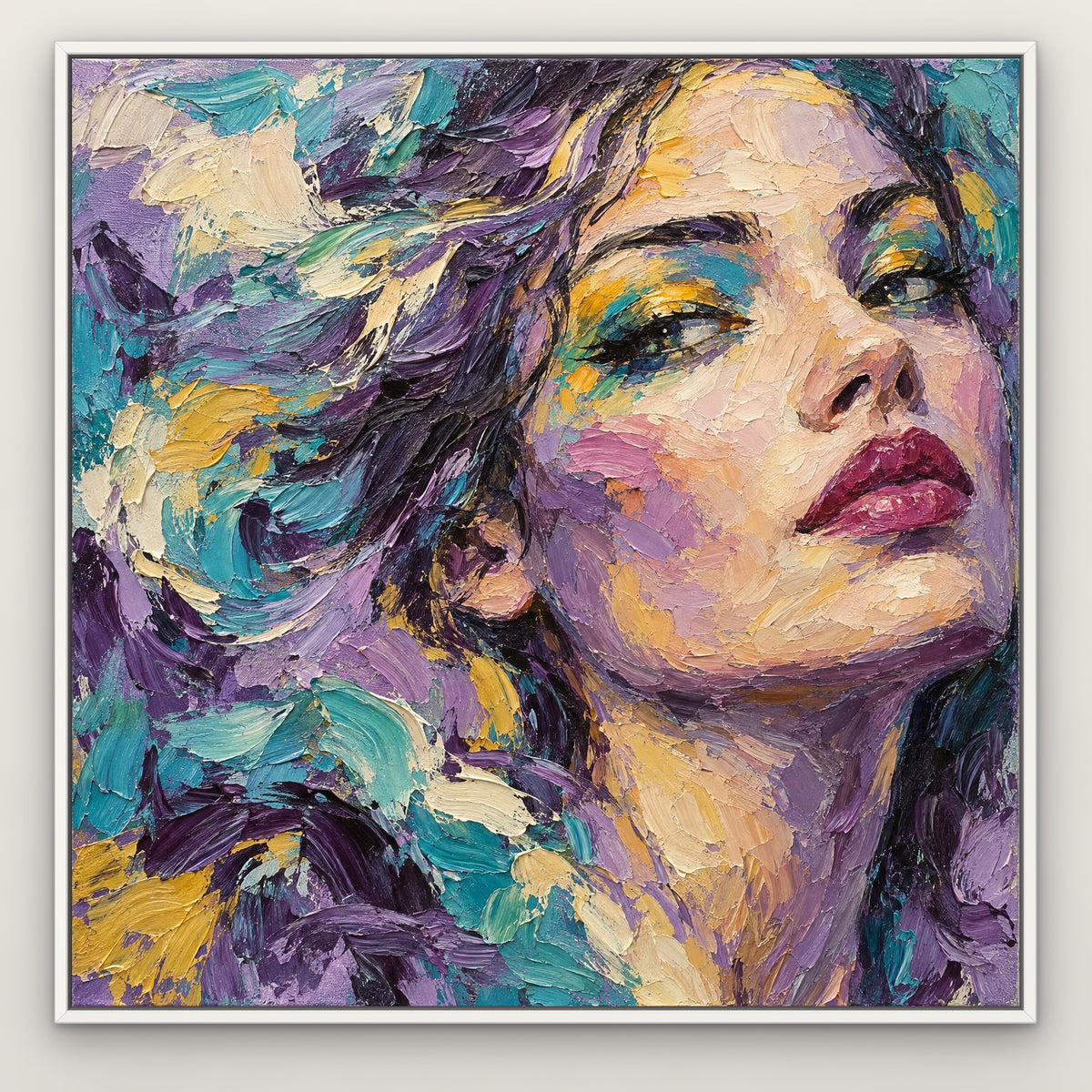 Violet Pop Portrait, colourful abstract hand-painted canvas wall art in a white frame – Gallery 23