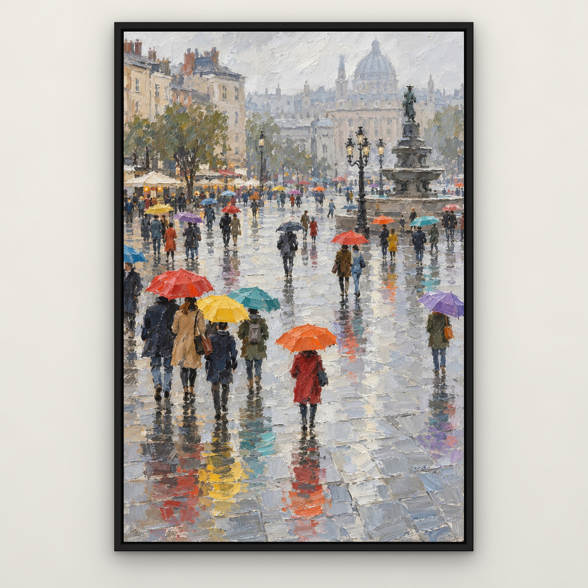 Rainbow Umbrella Crowd, colourful figurative hand-painted canvas wall art in a slim black float frame – Gallery 23