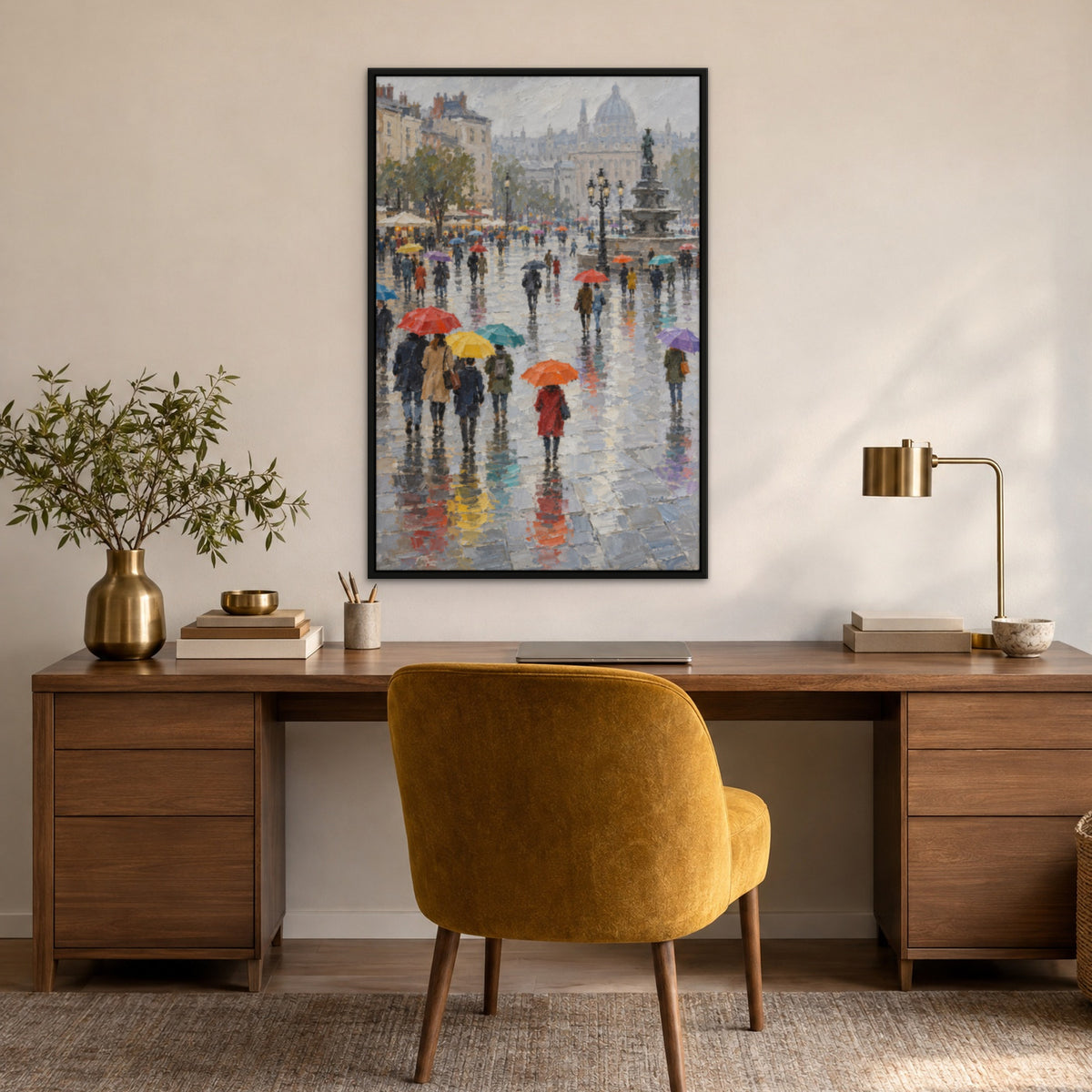 Rainbow Umbrella Crowd, colourful figurative hand-painted canvas wall art in a home office – Gallery 23