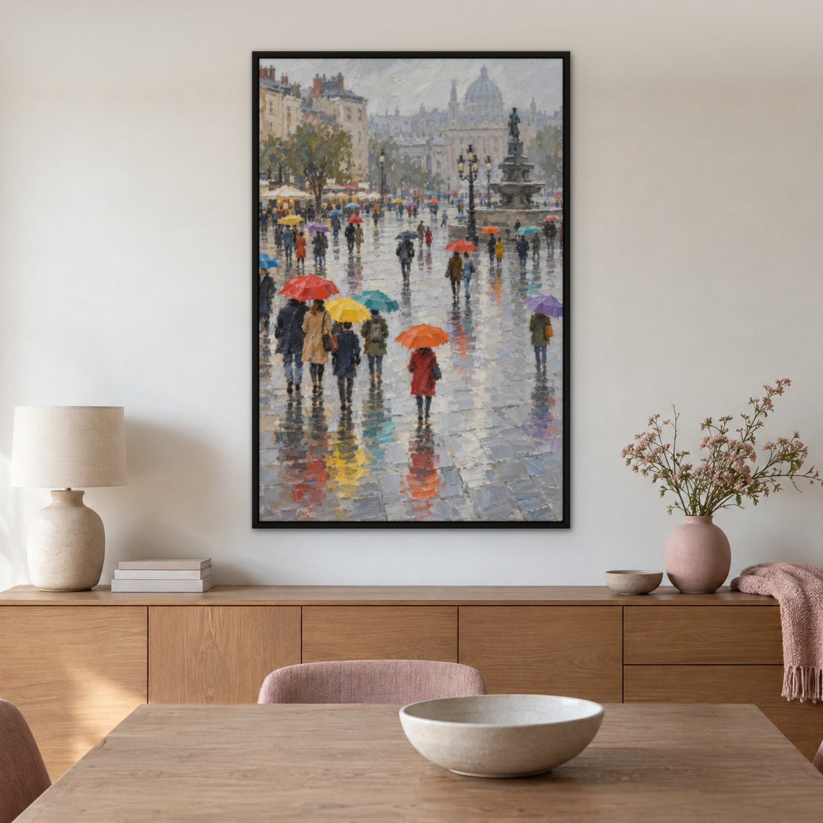 Rainbow Umbrella Crowd, colourful figurative hand-painted canvas wall art in a dining room – Gallery 23