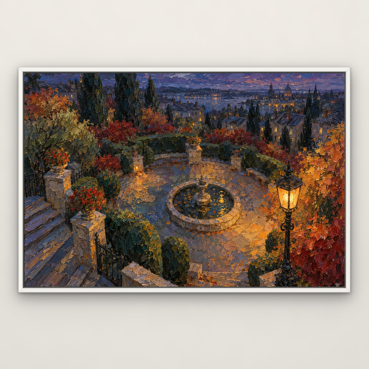 Lantern Lit Park, teal landscape hand-painted canvas wall art in a slim white float frame – Gallery 23