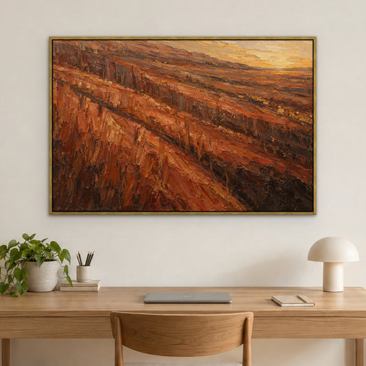 Copper Horizon Bands, red abstract hand-painted canvas wall art in a home office – Gallery 23