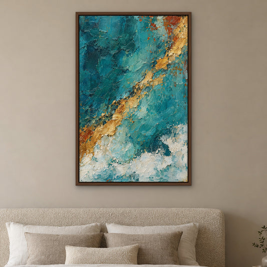 Turquoise Weathering, blue abstract hand-painted canvas wall art in a bedroom – Gallery 23