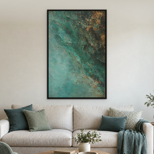 Verdigris Haze, green abstract hand-painted canvas wall art in a living room – Gallery 23