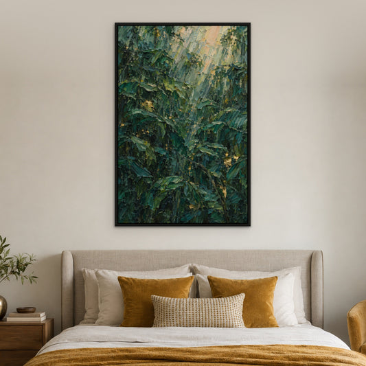 Teal Rain Forest, green abstract hand-painted canvas wall art in a bedroom – Gallery 23