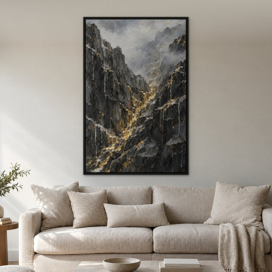 Gilded Crags, gold abstract hand-painted canvas wall art in a living room – Gallery 23