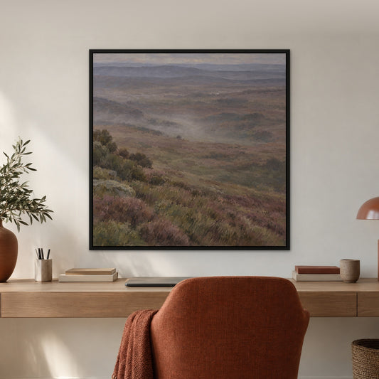 Misty Moorland, brown mountain landscape hand-painted canvas wall art in a home office – Gallery 23