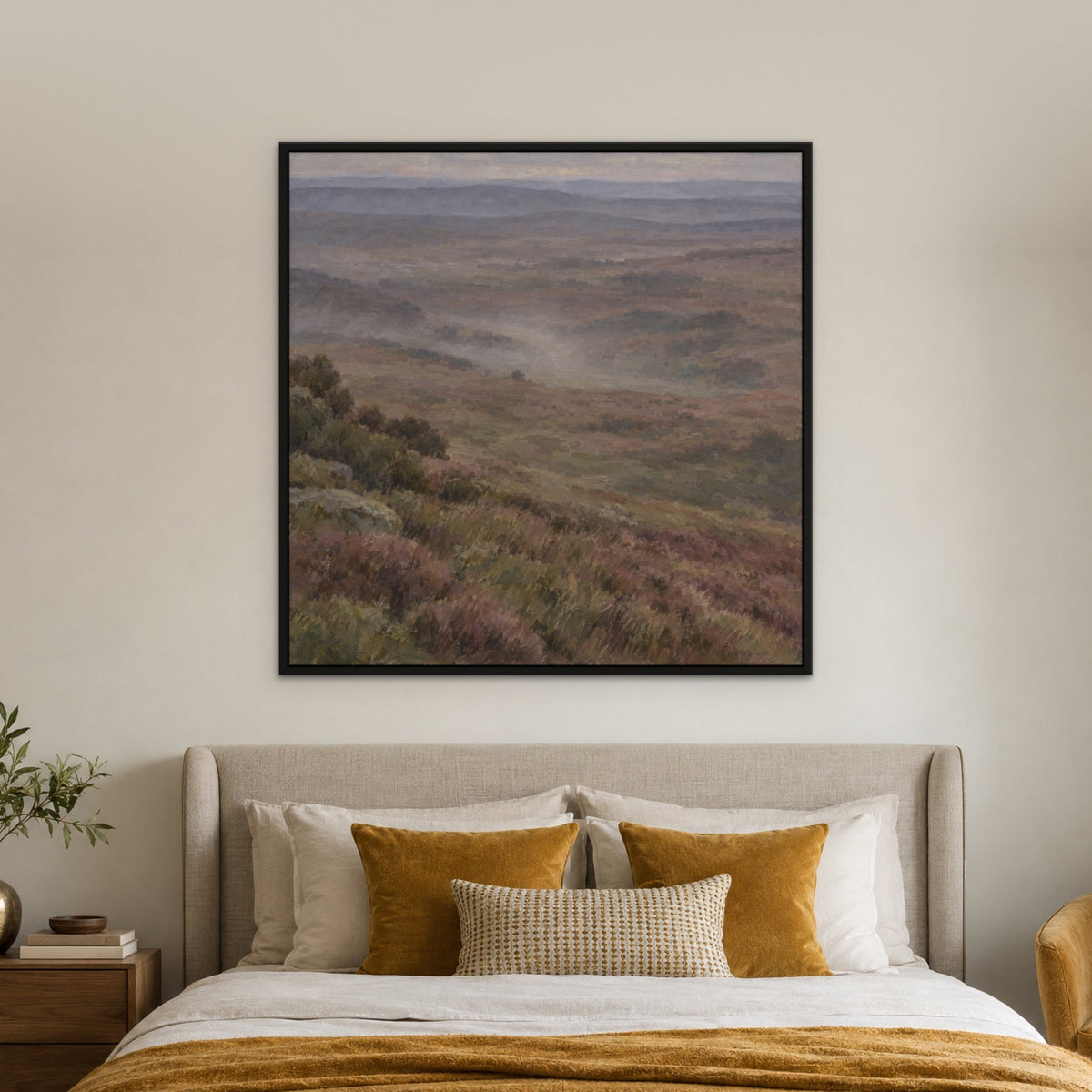 Misty Moorland, brown mountain landscape hand-painted canvas wall art in a bedroom – Gallery 23