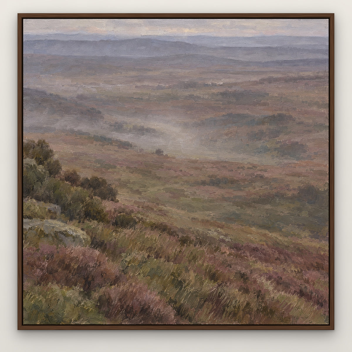 Misty Moorland, brown mountain landscape hand-painted canvas wall art in a slim walnut float frame – Gallery 23