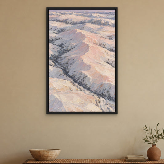 Blush Snow Ridge, blue mountain landscape hand-painted canvas wall art in a hallway – Gallery 23