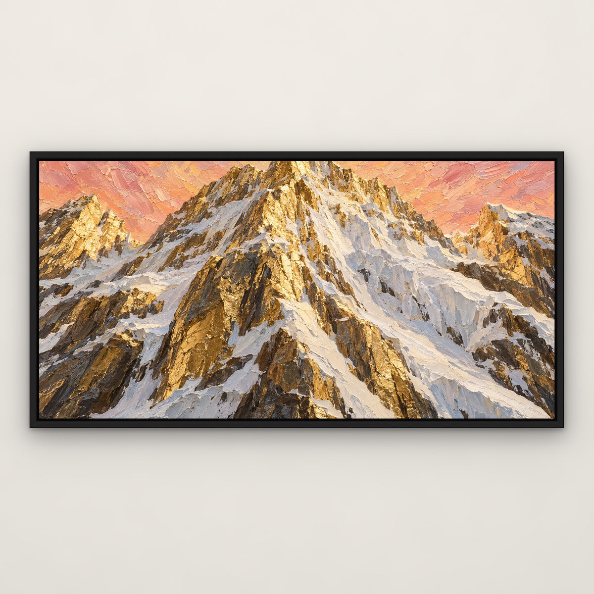 Golden Snow Peak, grey mountain landscape hand-painted canvas wall art in a slim black float frame – Gallery 23