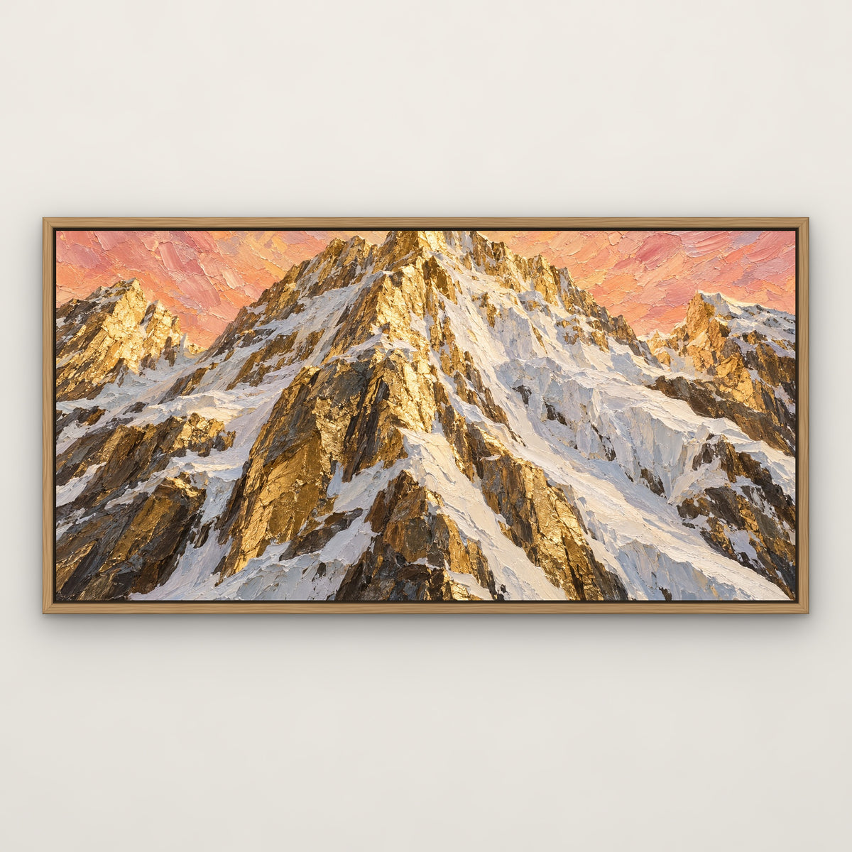 Golden Snow Peak, grey mountain landscape hand-painted canvas wall art in a slim oak float frame – Gallery 23