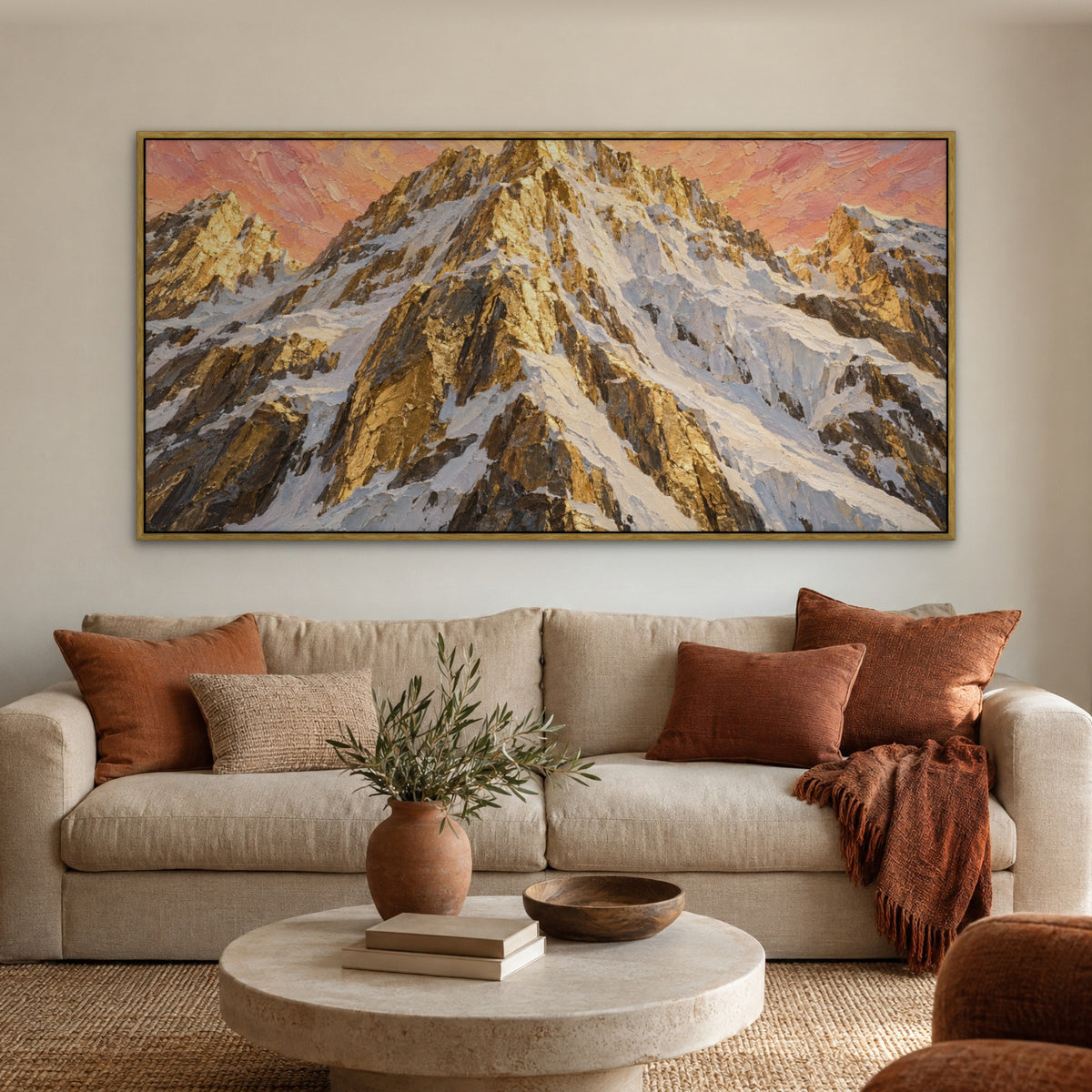 Golden Snow Peak, grey mountain landscape hand-painted canvas wall art in a living room – Gallery 23