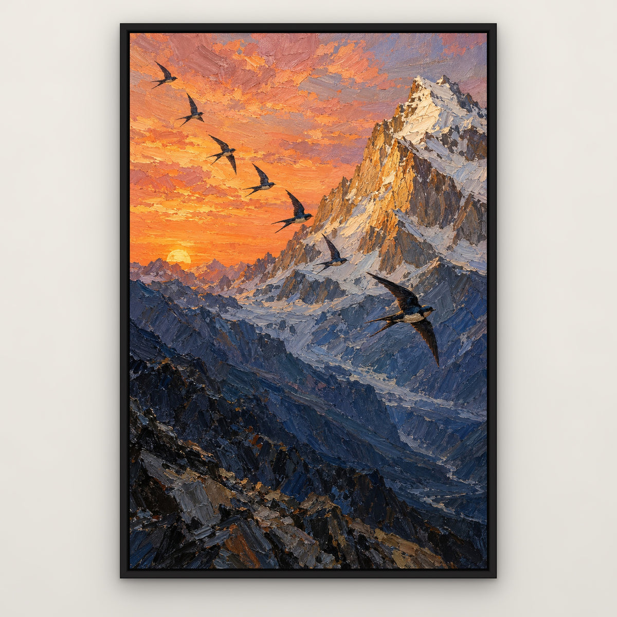 Peak and Swallows, blue mountain landscape hand-painted canvas wall art in a slim black float frame – Gallery 23