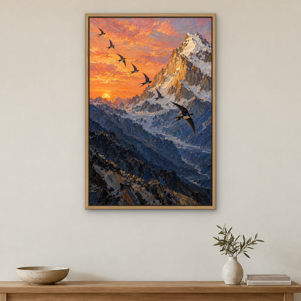 Peak and Swallows, blue mountain landscape hand-painted canvas wall art in a hallway – Gallery 23