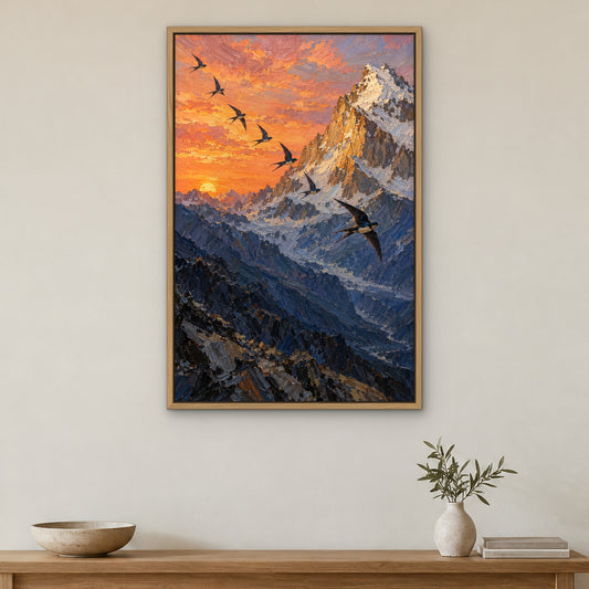 Peak and Swallows, blue mountain landscape hand-painted canvas wall art in a hallway – Gallery 23