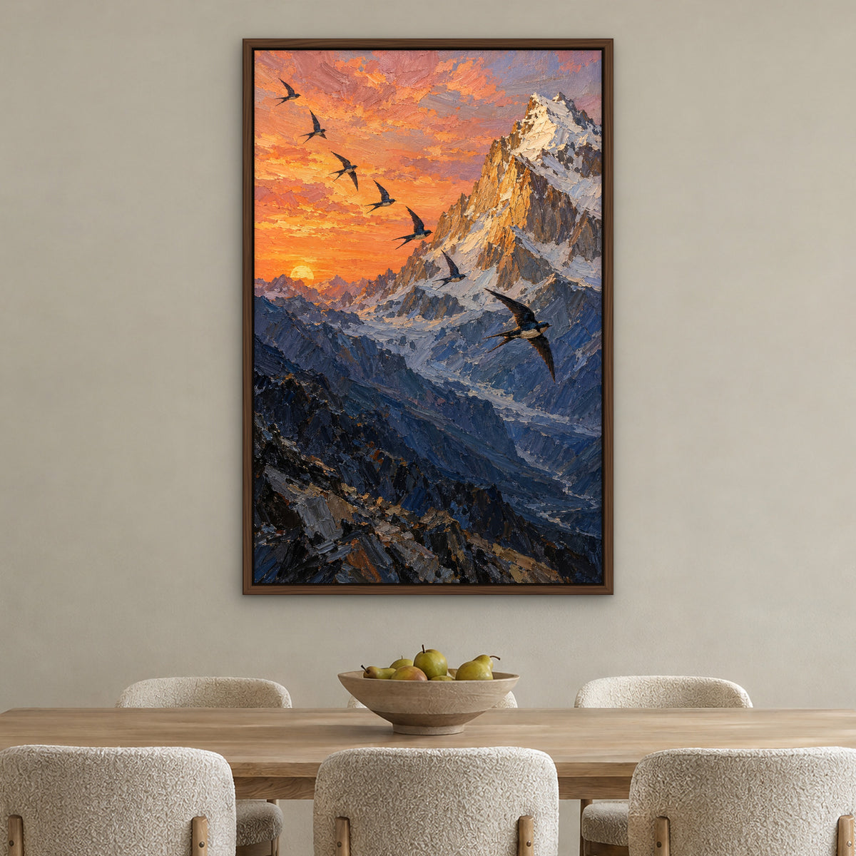 Peak and Swallows, blue mountain landscape hand-painted canvas wall art in a dining room – Gallery 23