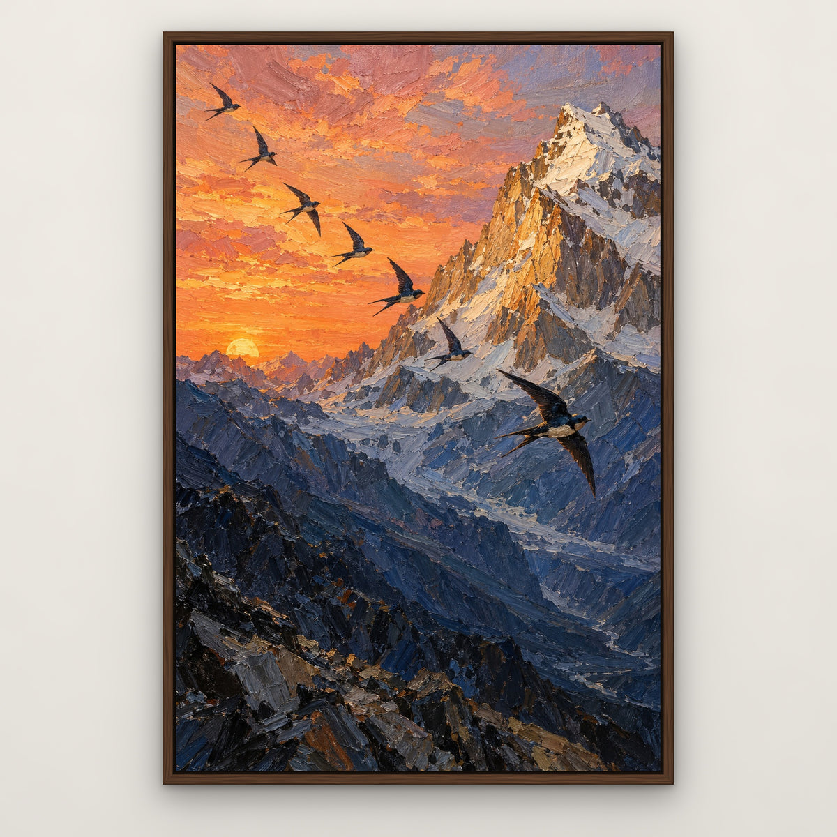 Peak and Swallows, blue mountain landscape hand-painted canvas wall art in a slim walnut float frame – Gallery 23