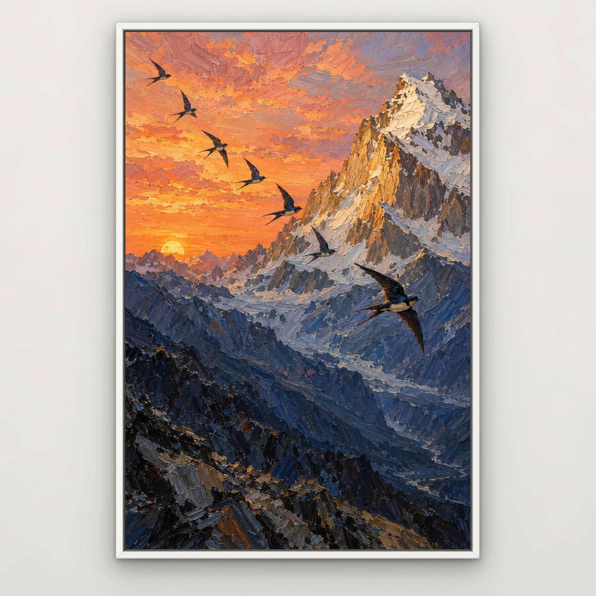 Peak and Swallows, blue mountain landscape hand-painted canvas wall art in a slim white float frame – Gallery 23