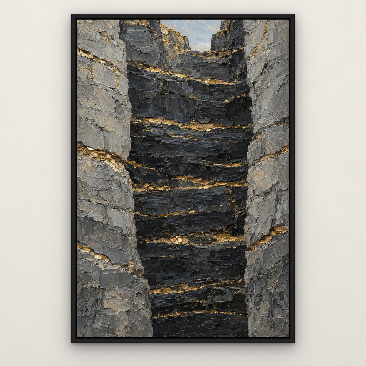 Gilded Mountain Strata, gold mountain landscape hand-painted canvas wall art in a slim black float frame – Gallery 23