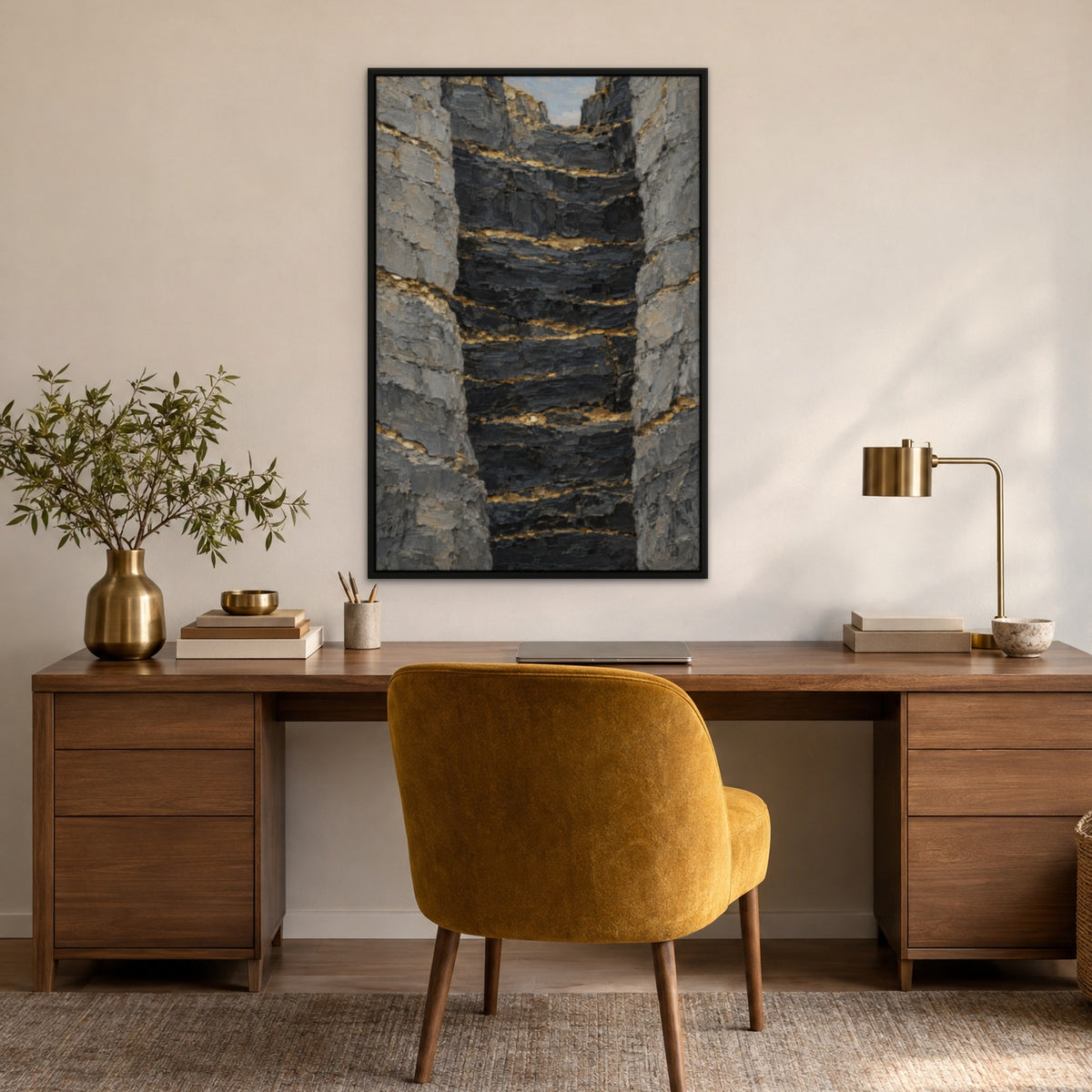 Gilded Mountain Strata, gold mountain landscape hand-painted canvas wall art in a home office – Gallery 23