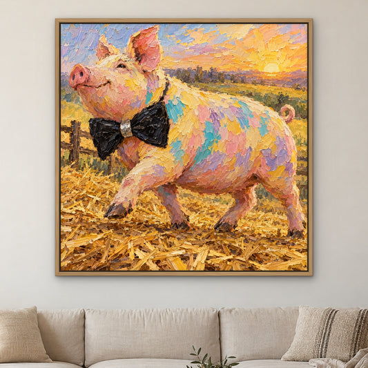 Bow Tie Porker, colourful pop art hand-painted canvas wall art in a living room – Gallery 23