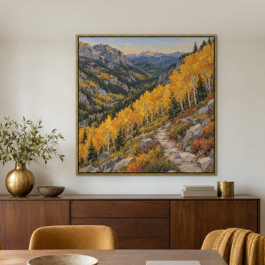 Golden Peaks and Aspens, blue mountain landscape hand-painted canvas wall art in a dining room – Gallery 23