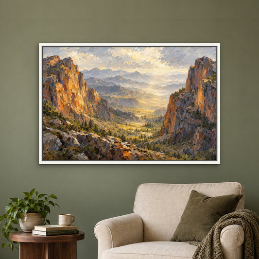 Sunlit Crags, colourful mountain landscape hand-painted canvas wall art in a reading corner – Gallery 23