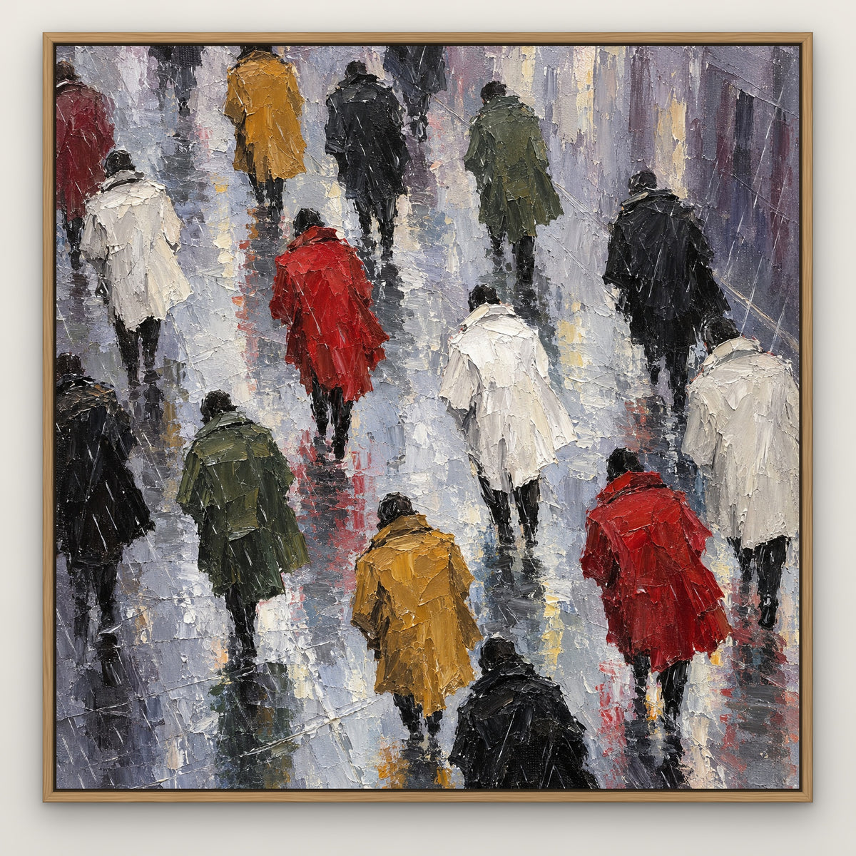 Coats in the Rain, colourful figurative hand-painted canvas wall art in a slim oak float frame – Gallery 23