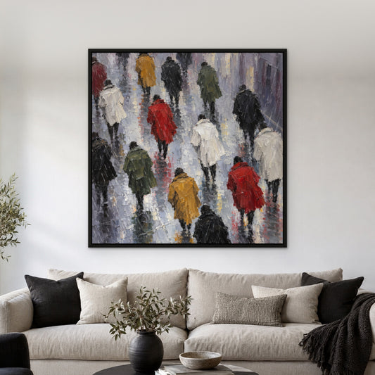 Coats in the Rain, colourful figurative hand-painted canvas wall art in a living room – Gallery 23