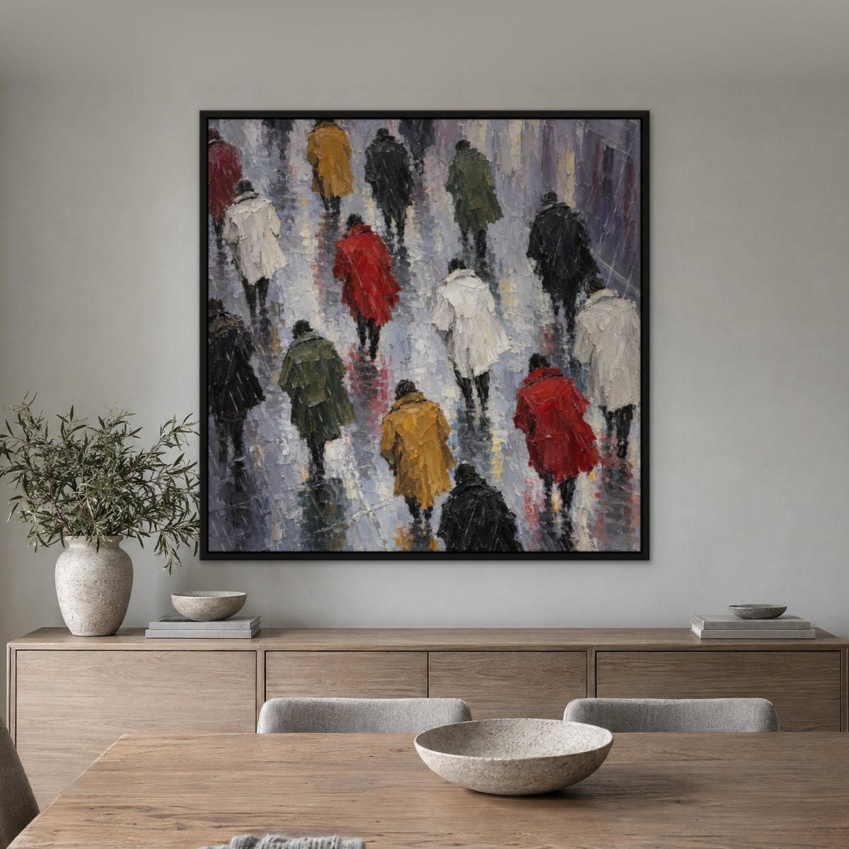 Coats in the Rain, colourful figurative hand-painted canvas wall art in a dining room – Gallery 23