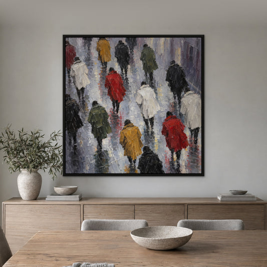 Coats in the Rain, colourful figurative hand-painted canvas wall art in a dining room – Gallery 23