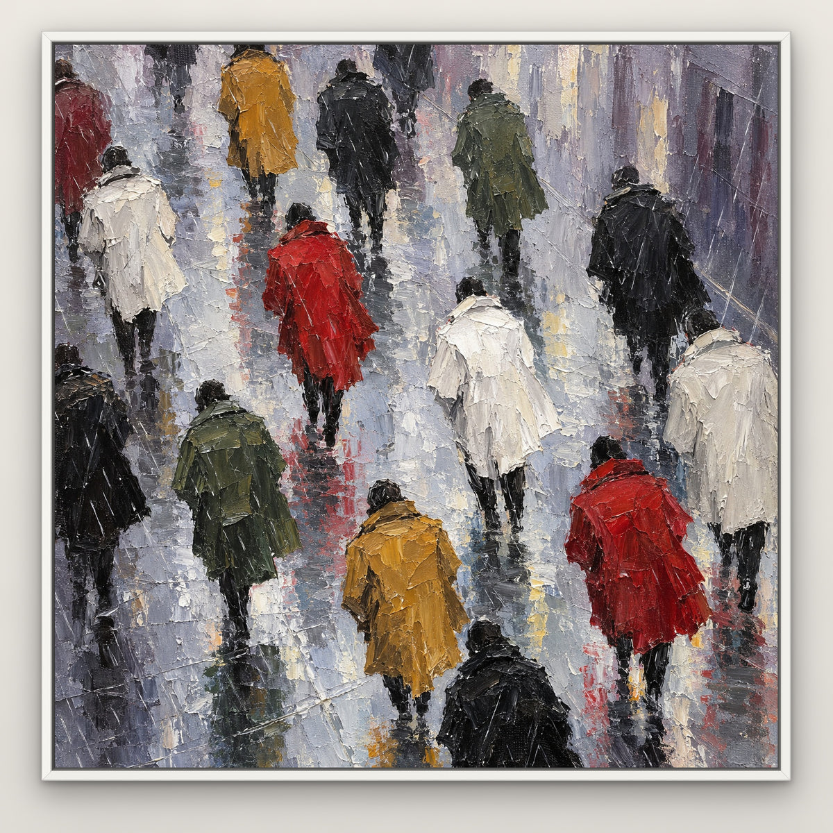 Coats in the Rain, colourful figurative hand-painted canvas wall art in a slim white float frame – Gallery 23